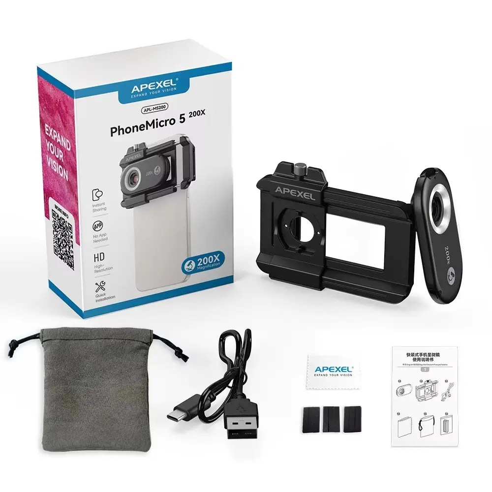 Apexel PhoneMicro 5 100x smartphone microscope lens.