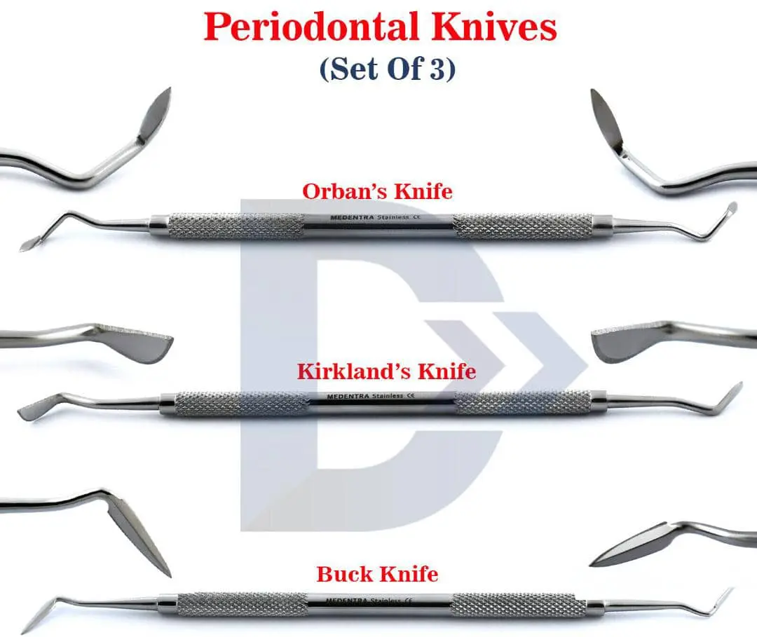 Medentra stainless steel periodontal knives.  Orban's, Kirkland's, and Buck knives